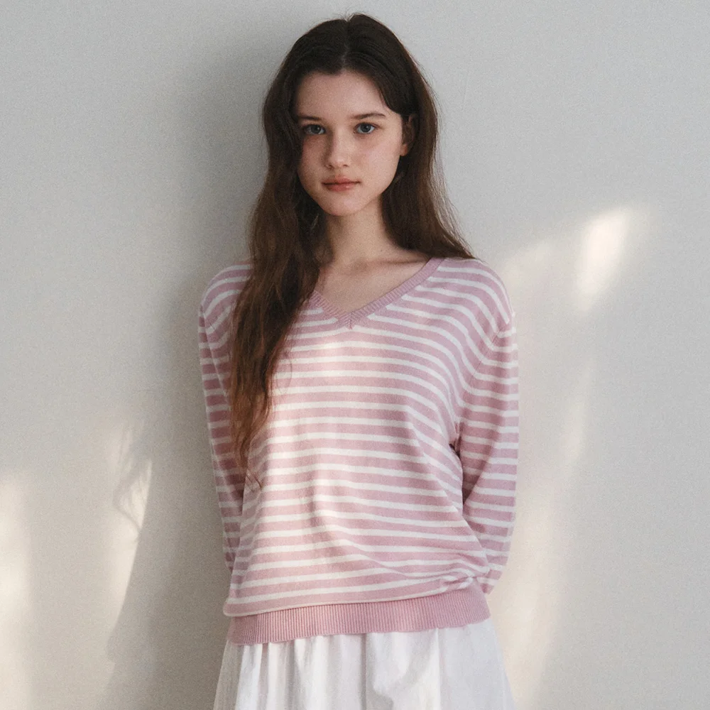 Washable Mild Stripe V-Neck Knit_PINK(WC26KN11)