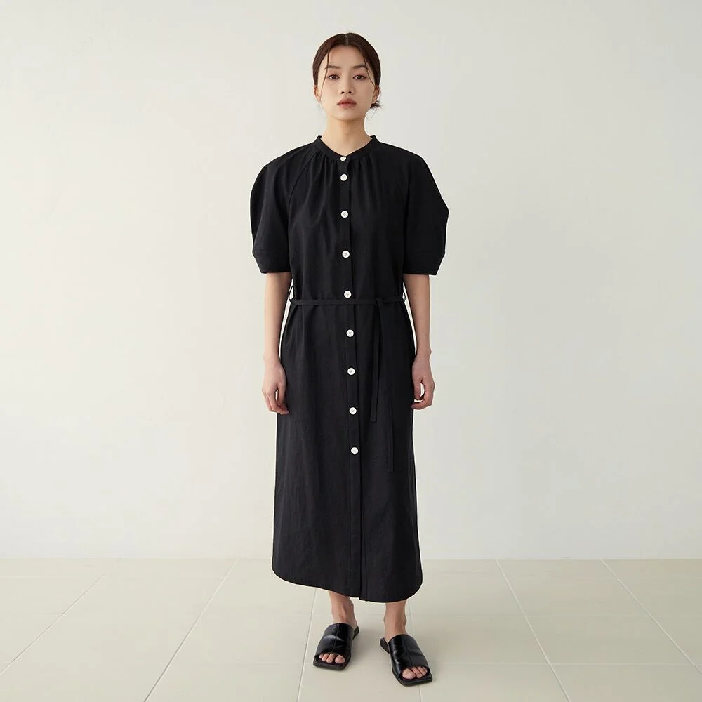 蓬鬆 束帶 連身裙_黑色
