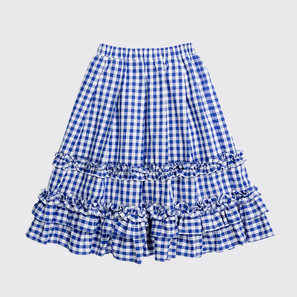 RUFFLE PLEATED MIDI CHECK SKIRT - BLUE CHECK