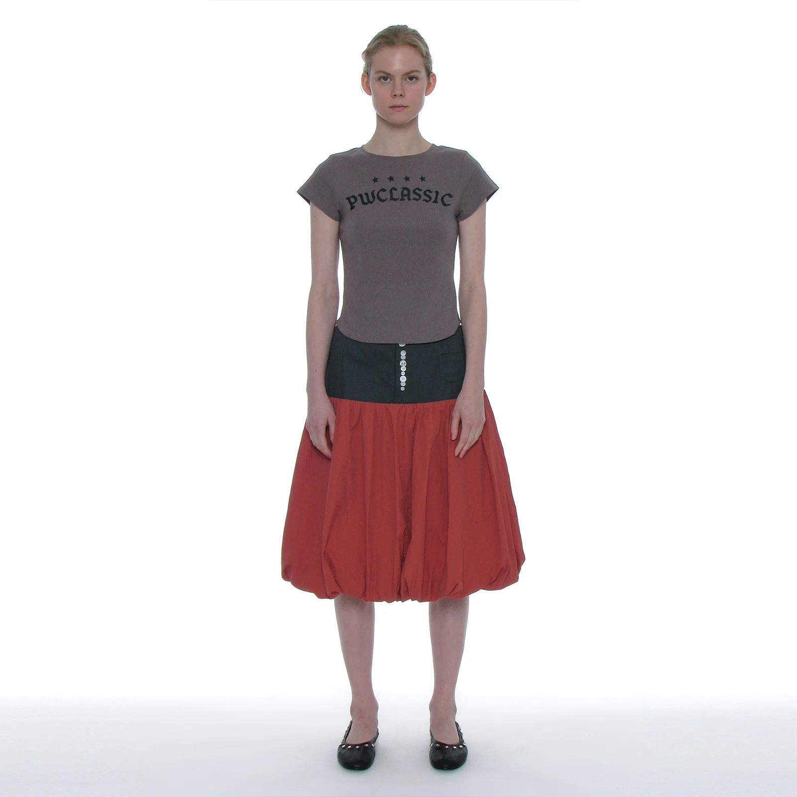 BUTTON POINTED PUFF MIDI SKIRT_CHILLY RED