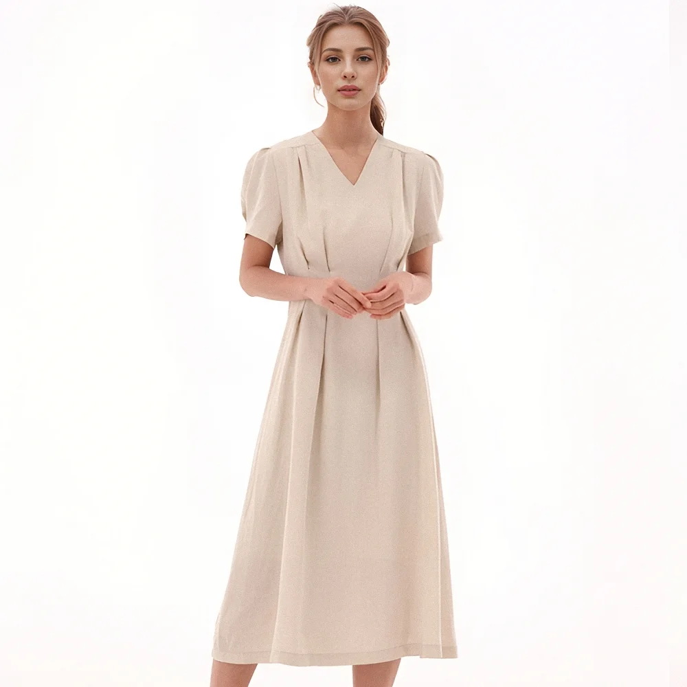 V neck Linen Dress _Beige