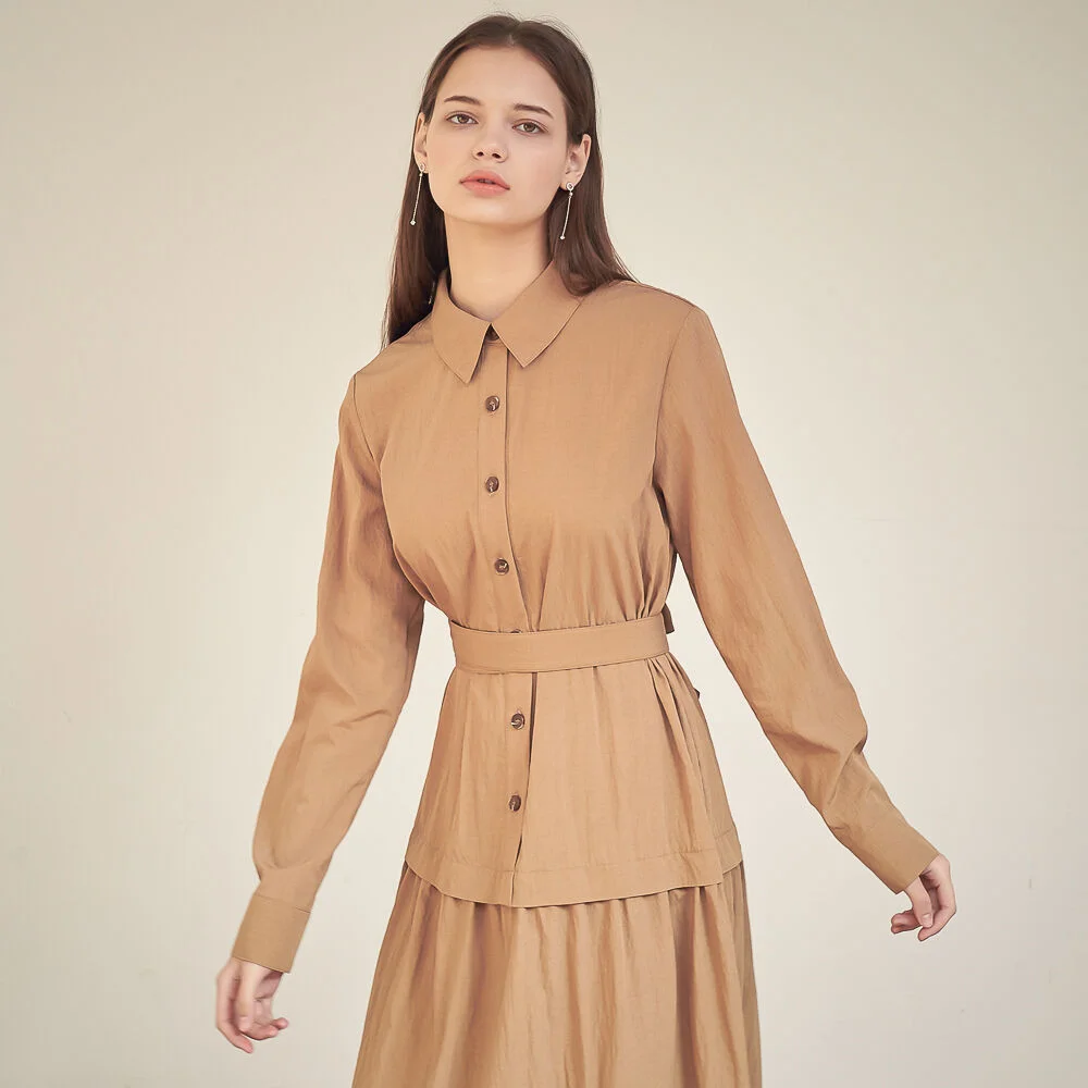 Gaia Shirring Shirt One-Piece_Camel