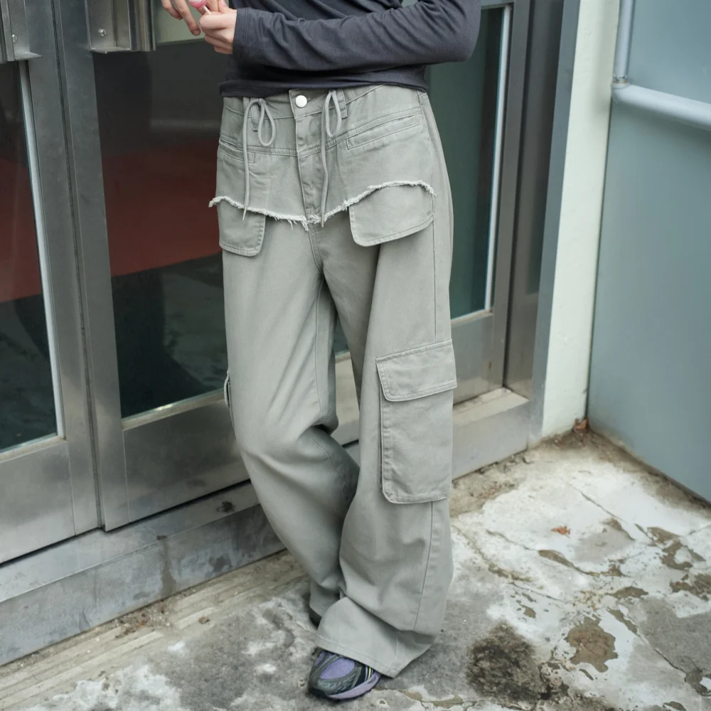 W1155 染色復古風 工裝 褲子_灰色
