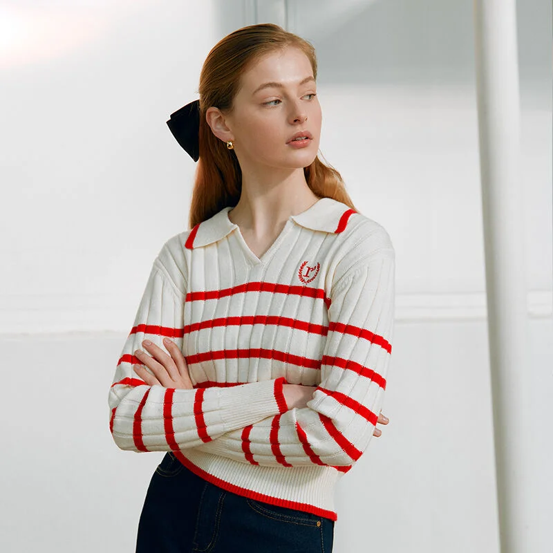 V NECK COLLAR STRIPE KINT RED