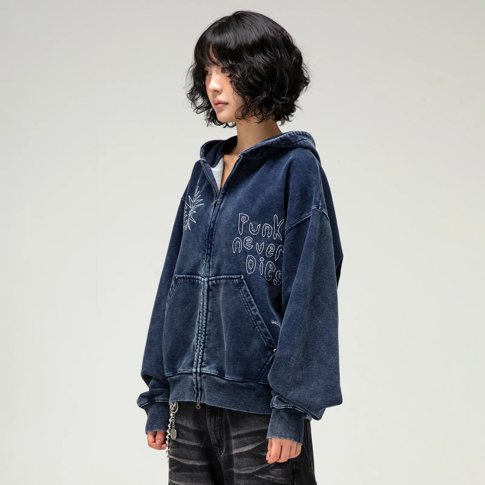 GHD014 Punk Never Die 縫線 連帽衫 拉鏈 (NAVY)