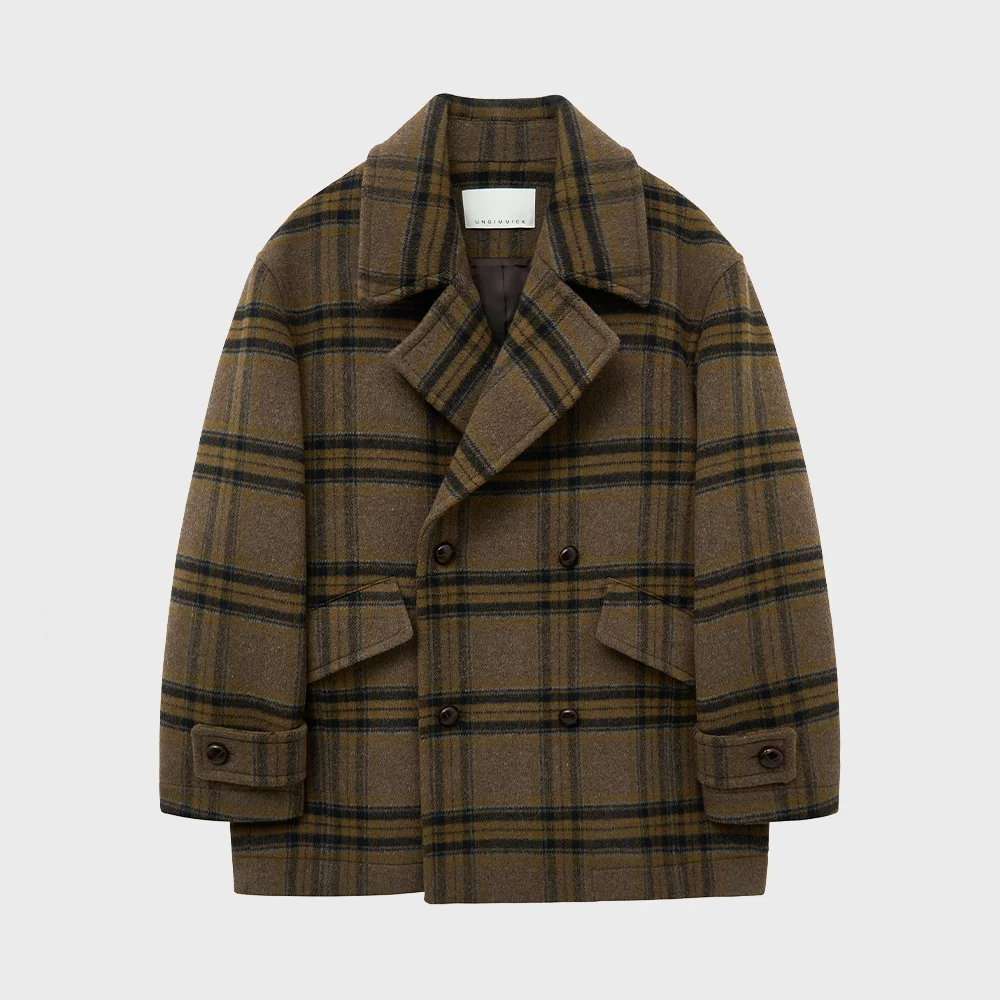 DOUBLE BREASTED CHECK PEA COAT (BROWN)