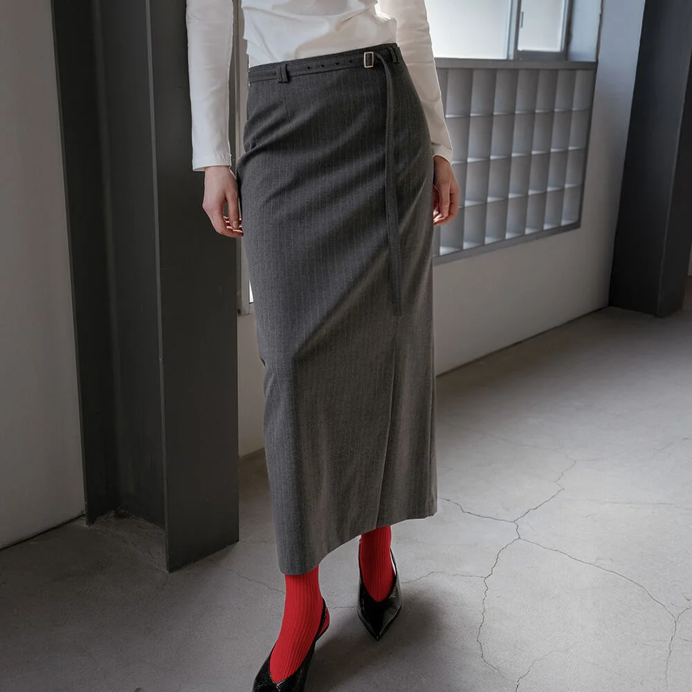 Stripe H-line maxi belted skirt _Charcoal