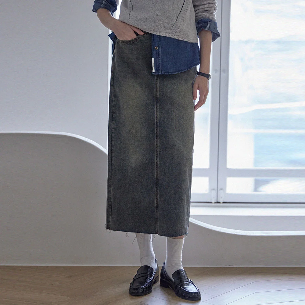 WREN CARGO POCKET DENIM LONG SKIRT_3COLORS_VINTAGE BLUE