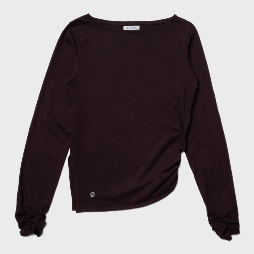Boat-Neck Shirred Long Sleeve - Brown