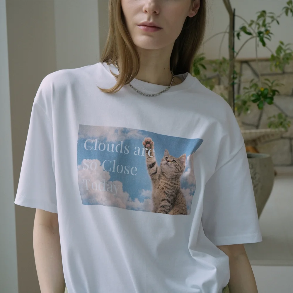 Cotton Oversized Cloud Cat&Lettering Print Tee (white)