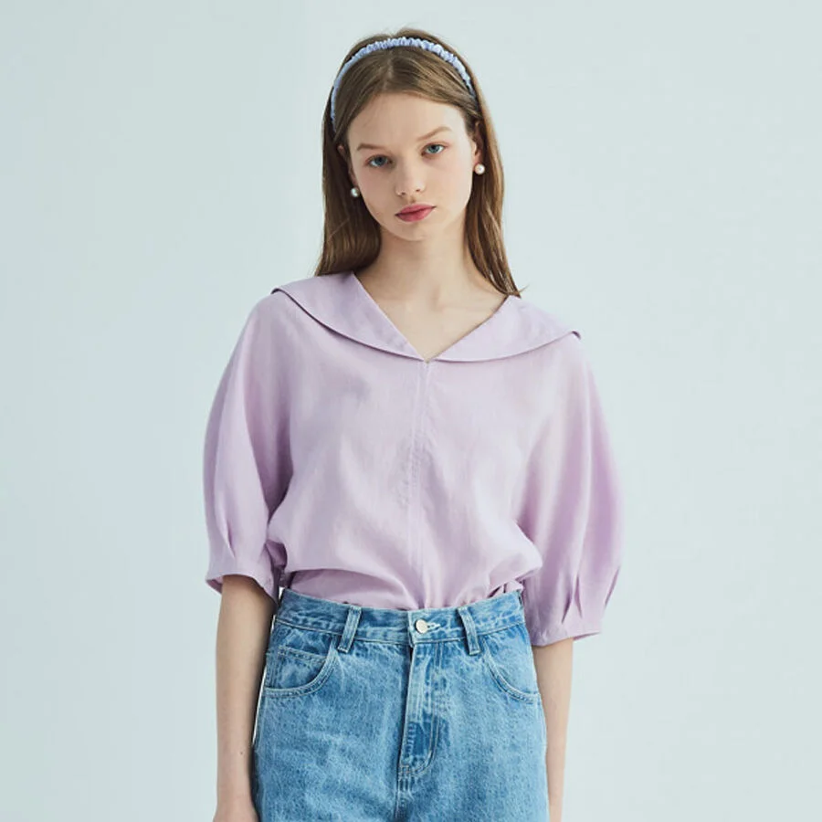 SAILOR COLLAR LINEN PUFF SLEEVE BLOUSE_LAVENDER